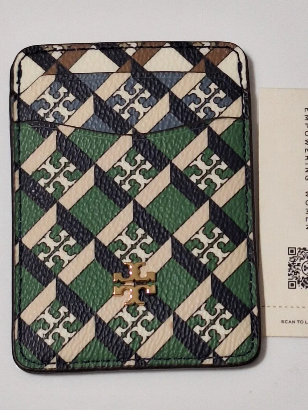 Tory Burch Geo Logo Color-Block Card Case Green Navy NWT Style 84754